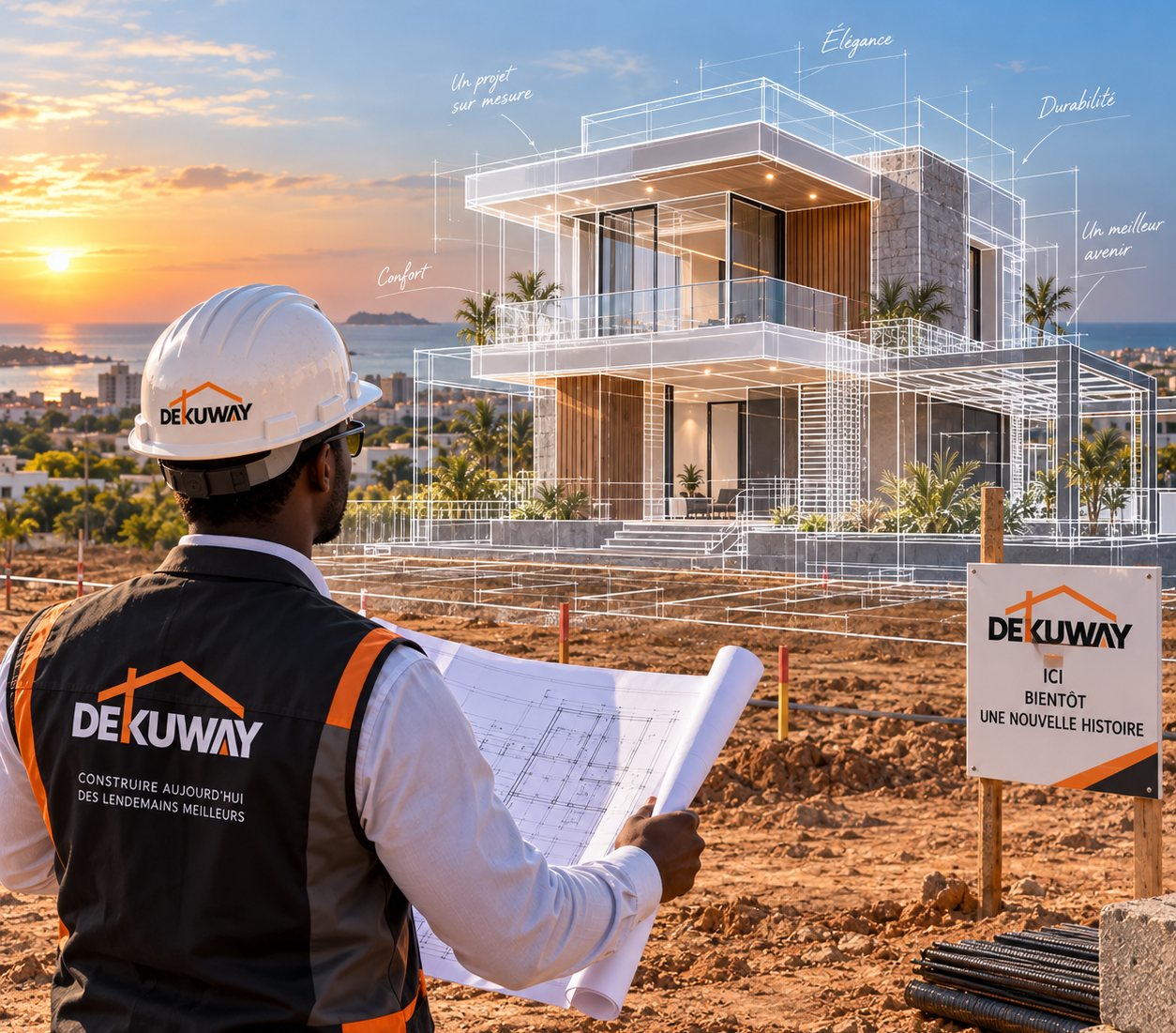 Conducteur de travaux DEKUWAY, plans en main, devant la projection en trois dimensions de la villa à construire