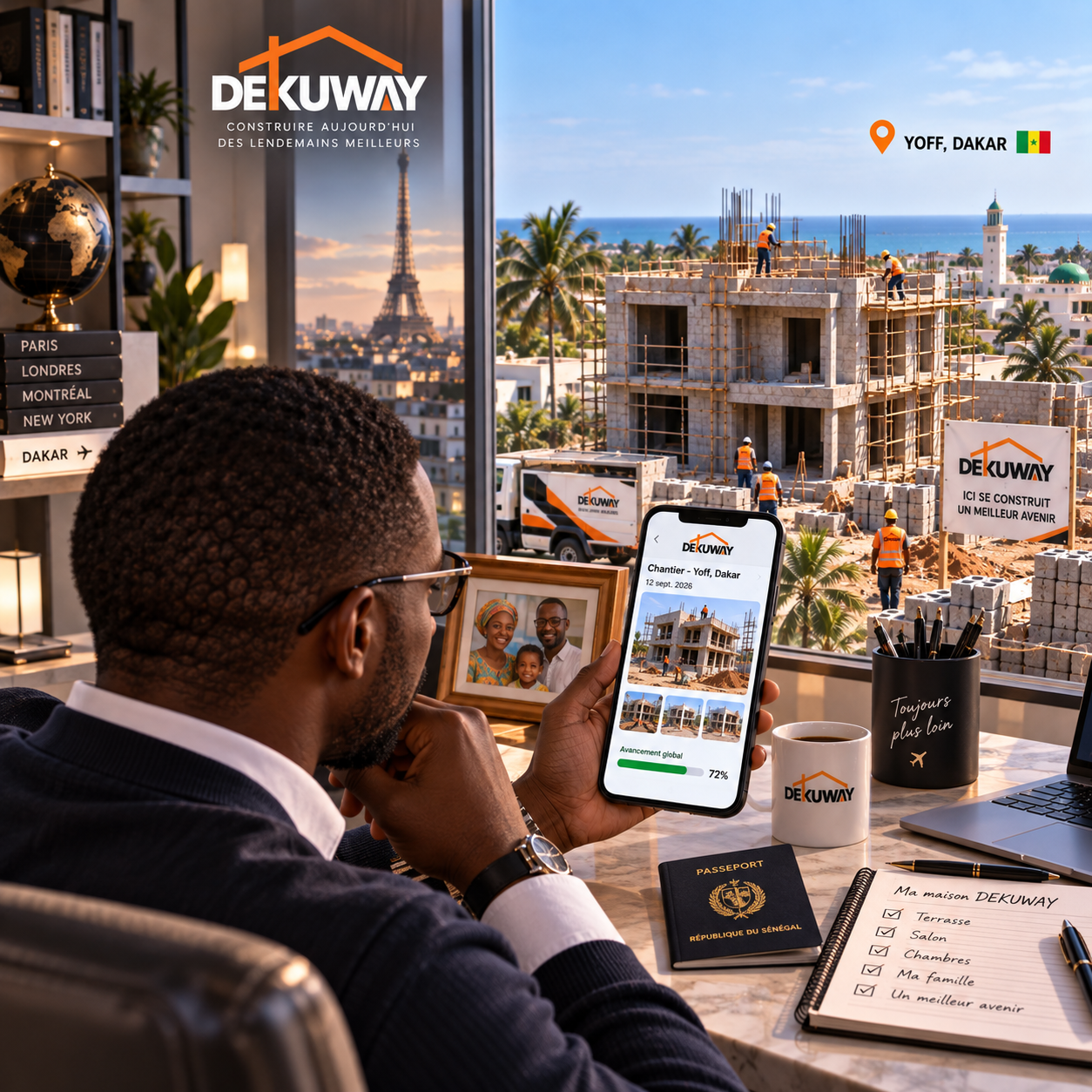 Client consultant l'avancement de son chantier sur son téléphone, écrans affichant le projet et sa localisation à Dakar