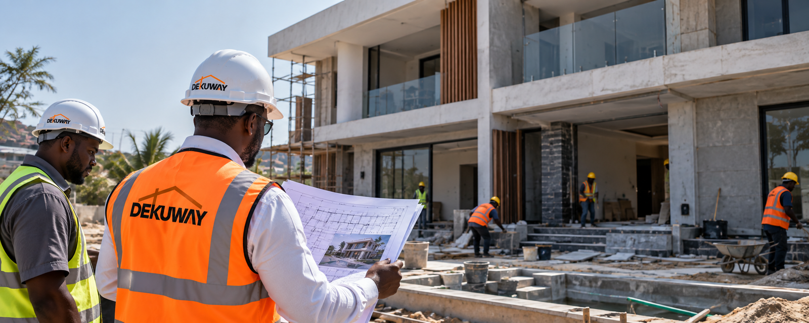 Deux responsables DEKUWAY relisant les plans devant un bâtiment en cours de construction