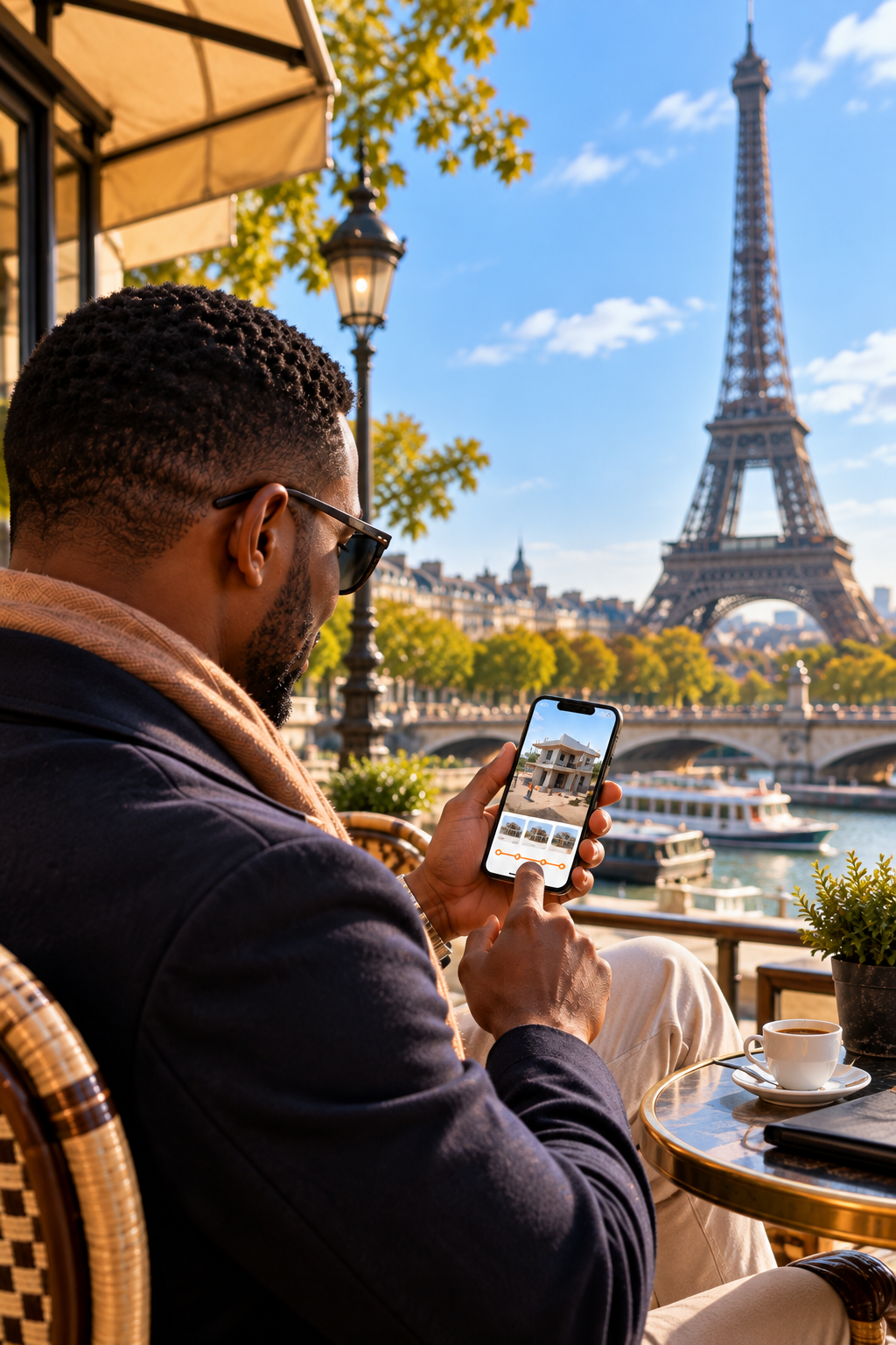 Client de la diaspora devant la tour Eiffel, à Paris