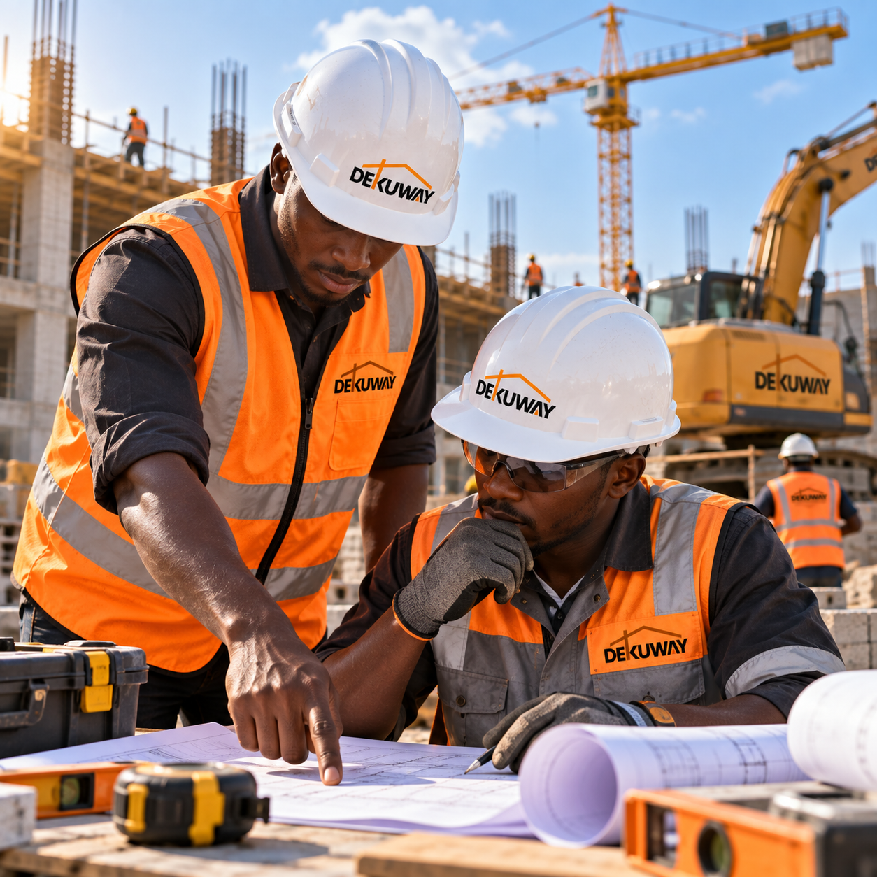 Deux compagnons DEKUWAY en concertation sur le chantier, grue à tour et pelleteuse à l'arrière-plan