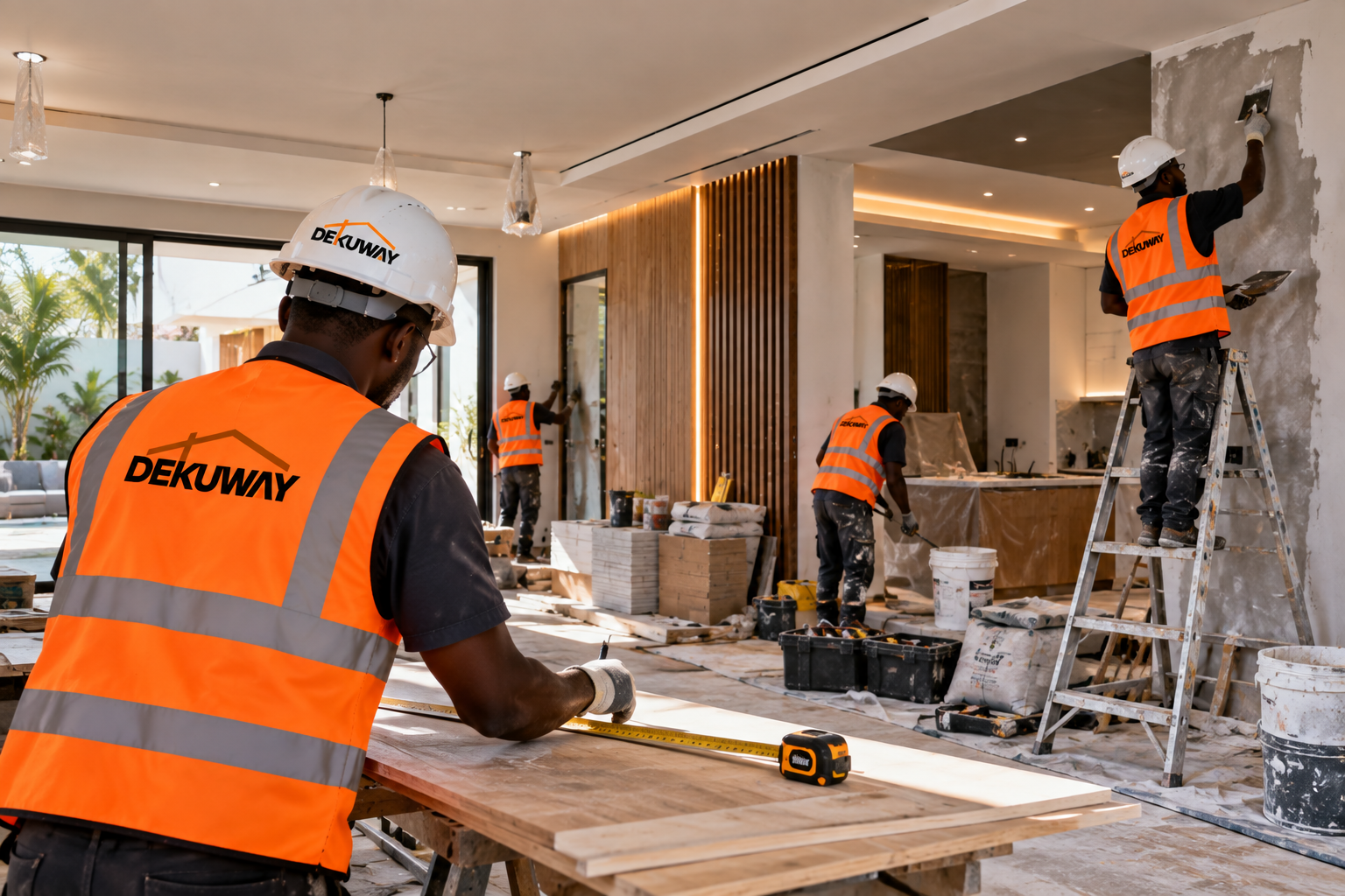 Travaux d'aménagement intérieur en cours, un responsable DEKUWAY relève les cotes pendant que l'équipe enduit les murs