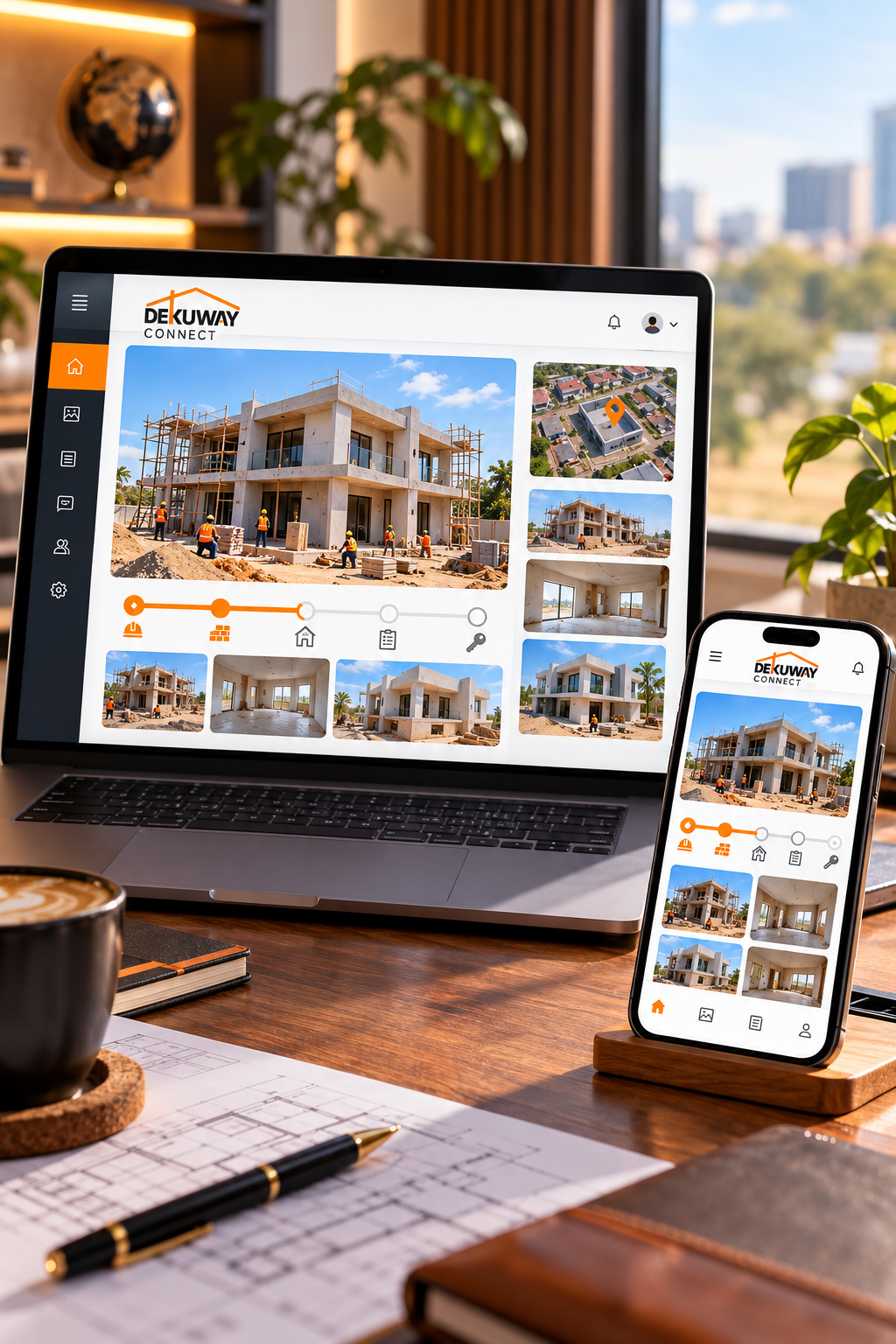 Tablette affichant le suivi photo du chantier sur le site DEKUWAY