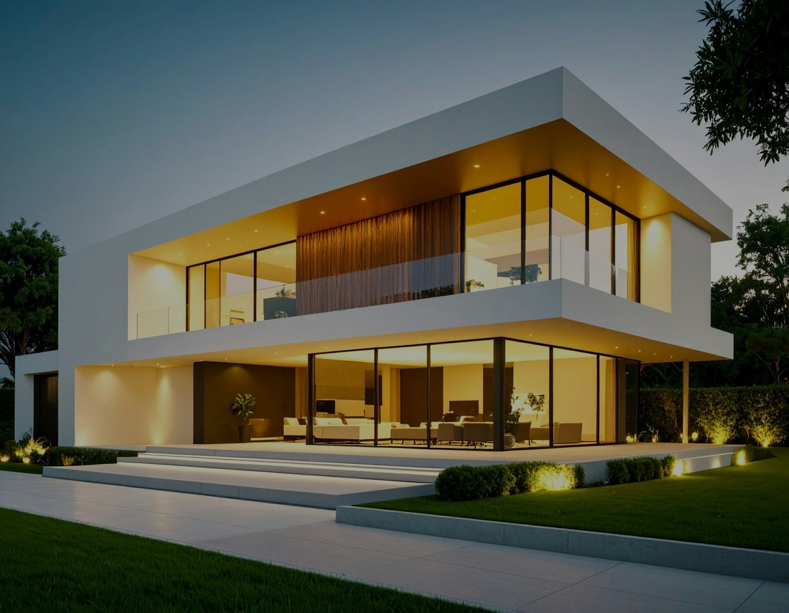 Villa contemporaine éclairée à la tombée de la nuit