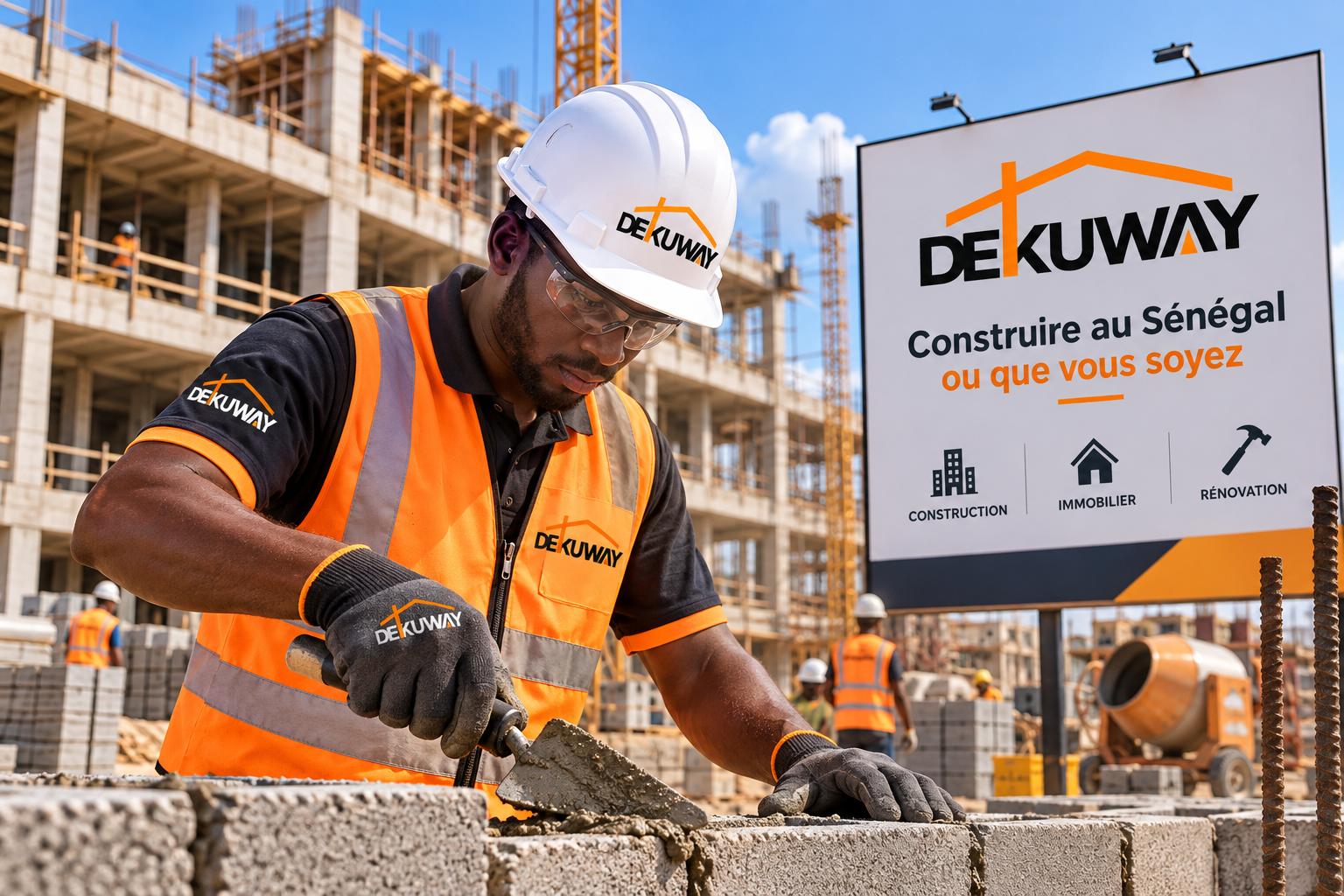 Maçon montant un mur en agglos devant le panneau de chantier DEKUWAY