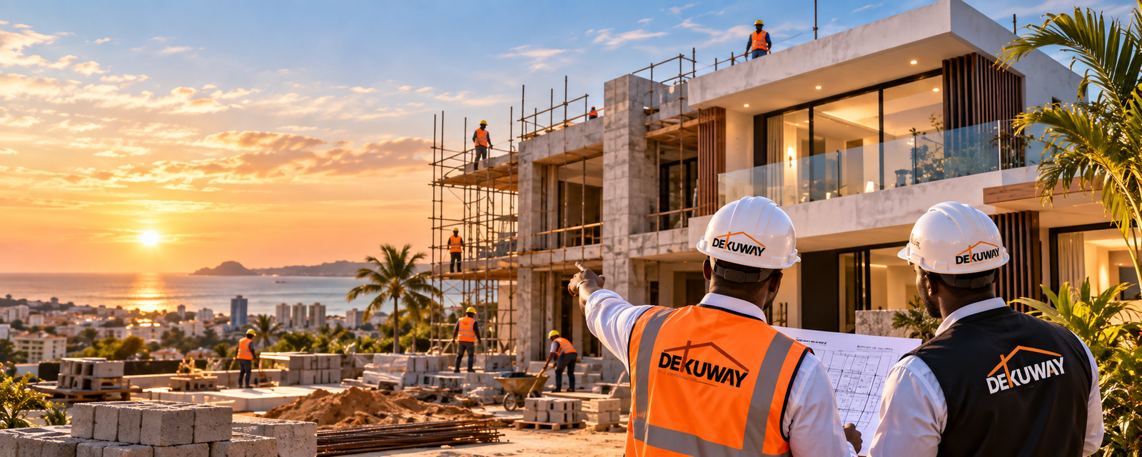 Chantier DEKUWAY en bord de mer au coucher du soleil, trois ouvriers en gilet orange observent les bâtiments en construction