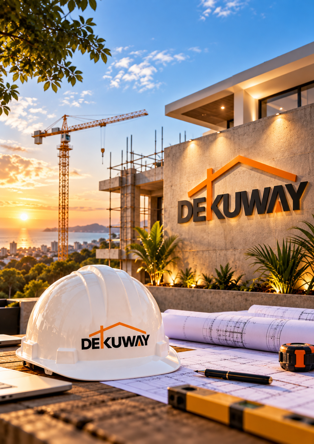 Enseigne DEKUWAY sur le chantier au crépuscule, grue à tour en fond